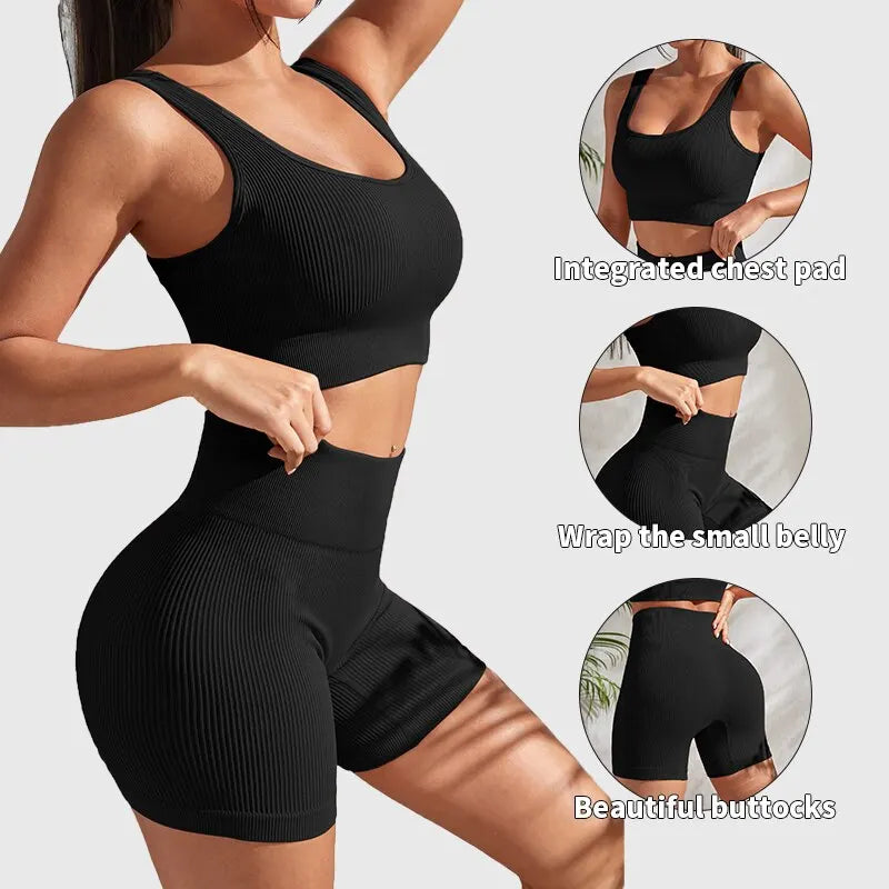 Seamless Ribbed Yoga Set for Women - 2-Piece Gym Outfit with Crop Tank and High Waist Shorts for Fitness and Running